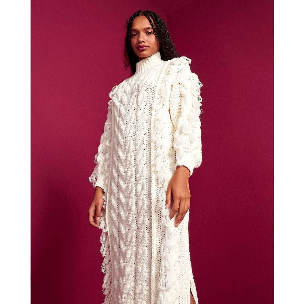 Farm Rio White Knit Fringe Sweater Midi Dress Mock Neck Women's Size S